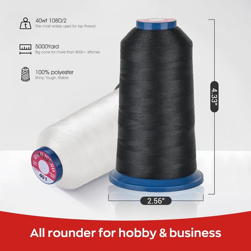 Poolin Richword Selected White Embroidery Thread (401) 5000Y 40WT Polyester – Smooth, Strong Single Spool for Home & Commercial Machines - Image 3
